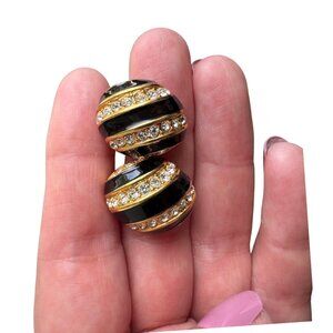 Napier Goldtone Half Hoops Black Enamel and Clear Rhinestones Clip-ons Vintage
